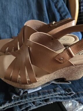 Clarks Tan Leather Strappy Wedge Sandals